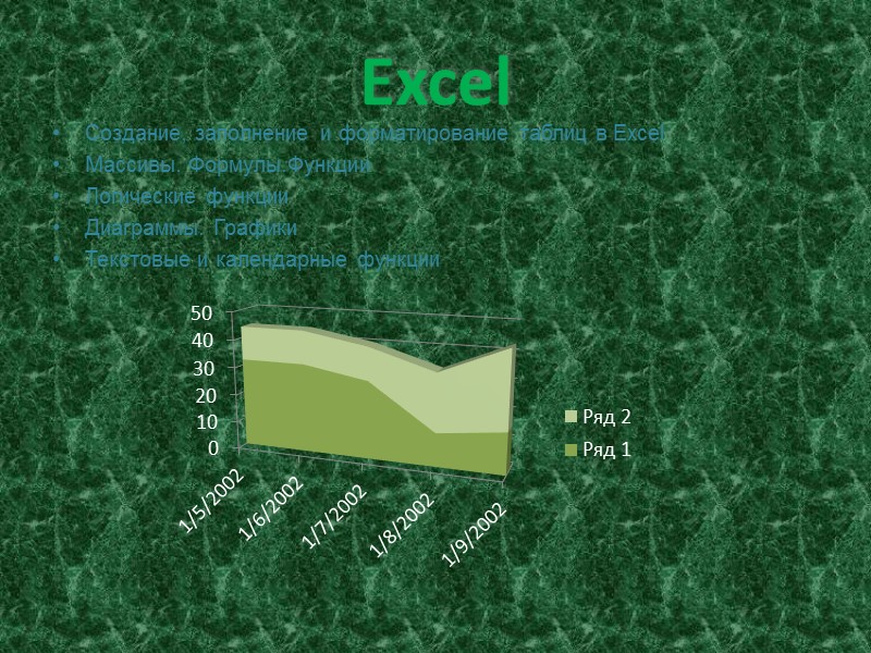 Excel Создание, заполнение и форматирование таблиц в Excel Массивы. Формулы.Функции Логические функции Диаграммы. Графики